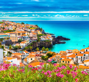 H&auml;user auf Madeira nahe dem Meer bei Sonnenschein 