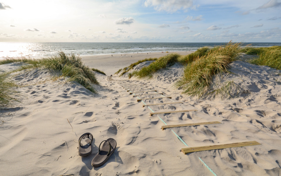 Blick auf eine wundersch&ouml;ne Landschaft mit Strand und Sandd&uuml;nen bei Henne Strand, J&uuml;tland, D&auml;nemark 